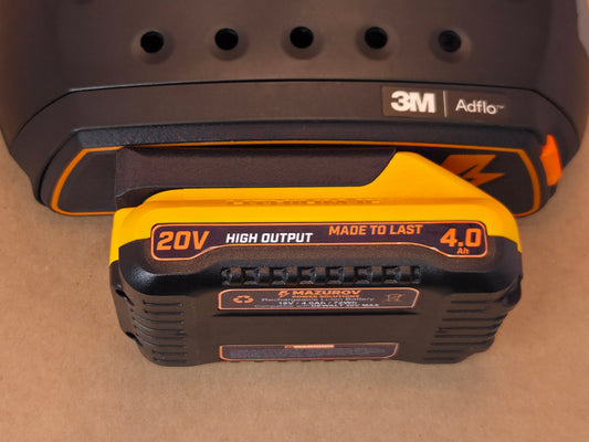 DeWalt 20V MAX Adflo adapter - front view docked with a yellow 20V MAX 4.0Ah High Output battery