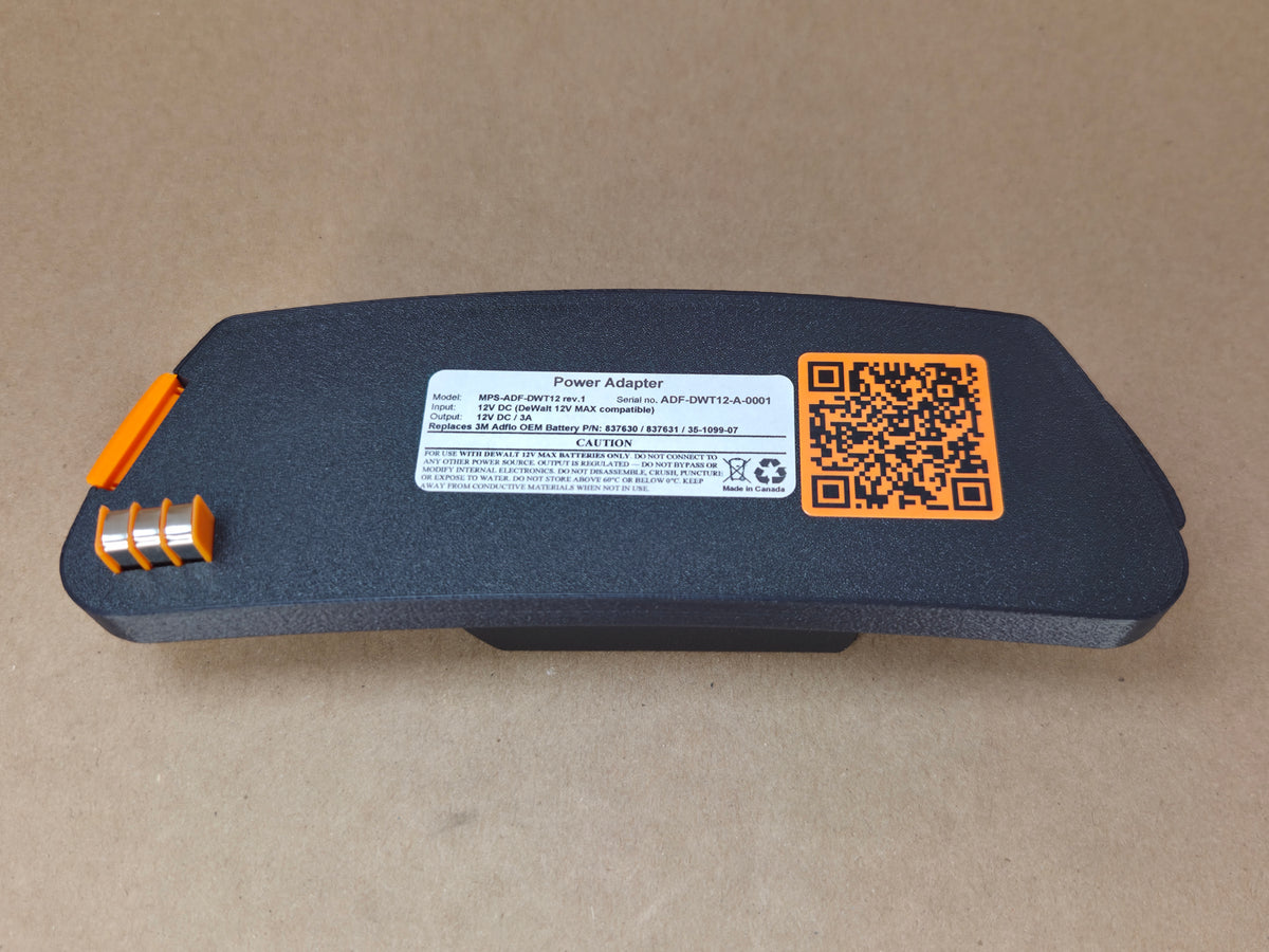 DeWalt 12V MAX Adflo adapter - spec label, QR code and contacts - label-side view