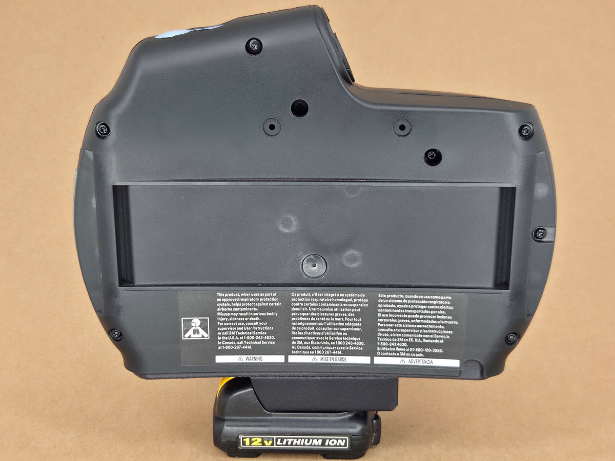 DeWalt 12V MAX Adflo adapter - rear view with warning labels and mounted 12V pack - rear view