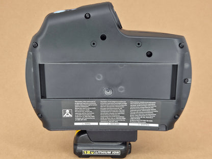 DeWalt 12V MAX Adflo adapter - rear view with warning labels and mounted 12V pack - rear view