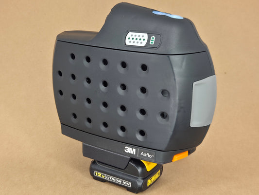 DeWalt 12V MAX Adflo adapter - full front view of the blower standing on the DeWalt pack - side view