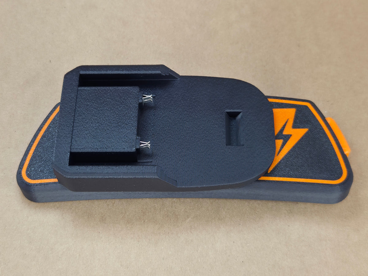 RIDGID AEG 18V Adflo adapter - adapter alone with empty slide slot and lightning-bolt outline - top view