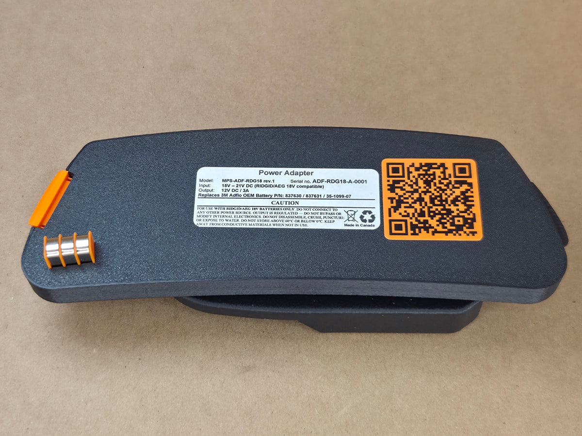 RIDGID AEG 18V Adflo adapter - spec label, QR code and contacts - label-side view